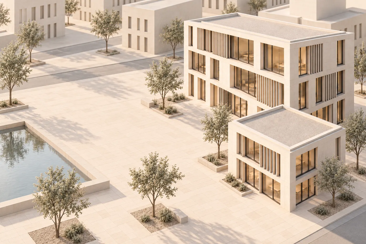 KI-generierte Architekturvisualisierung eines fiktiven Stadtquartiers mit hellen Gebäuden, klaren Plätzen, einzelnen Bäumen und Wasserbecken